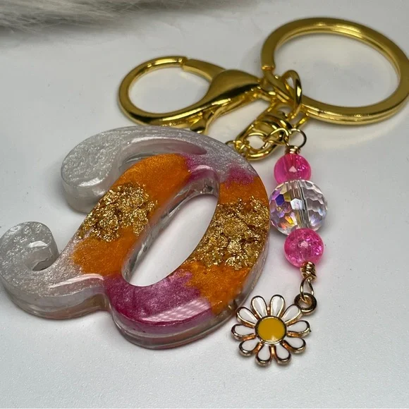 REDUCED Custom Orange Cream and Pink Letter “D” Keychain with Daisy Charm - Picture 6 of 11